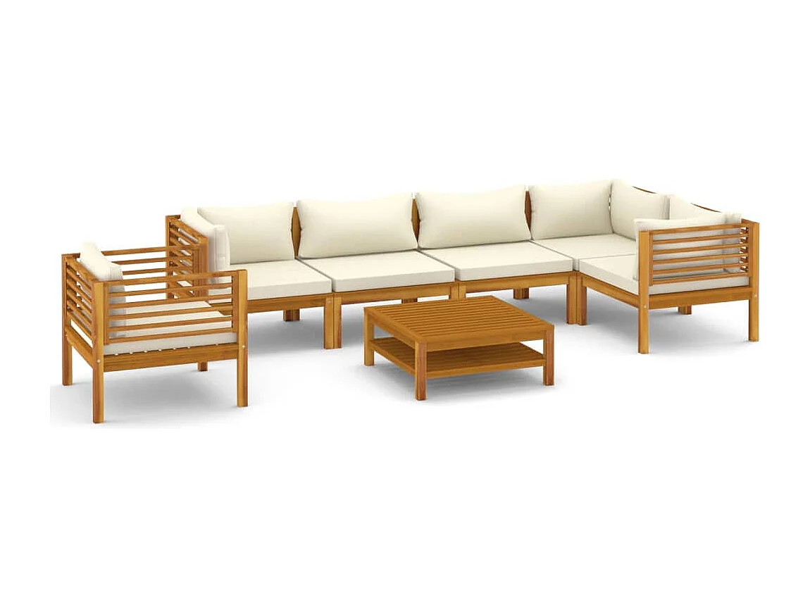 Salon de jardin 7 pcs avec coussin crème Bois d'acacia solide 4
