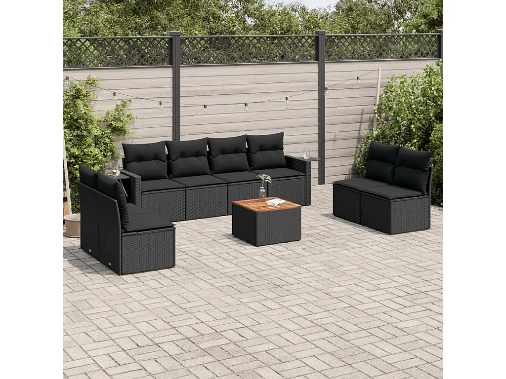 Salon de jardin 9 pcs avec coussins noir résine tressée