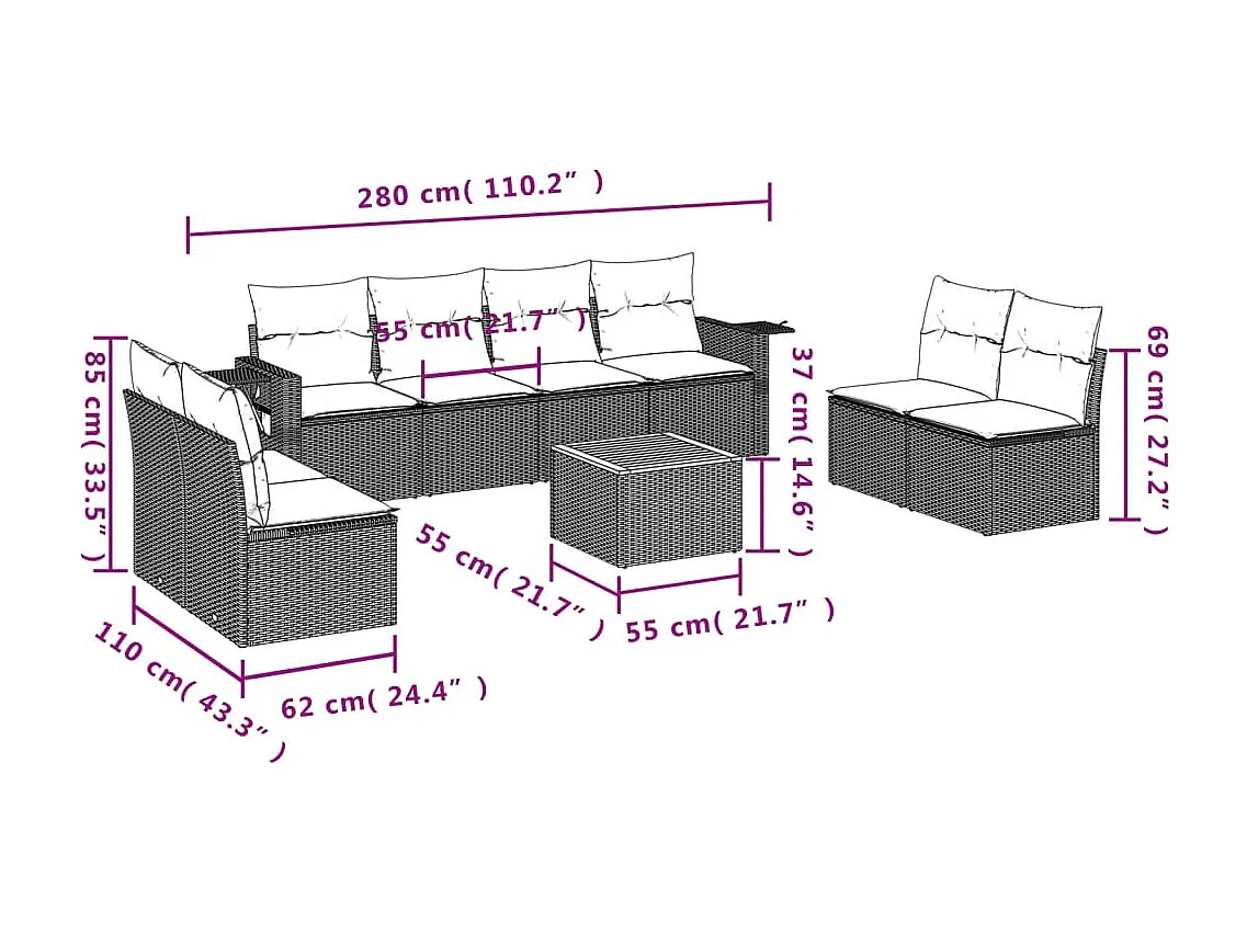 Salon de jardin 9 pcs avec coussins noir résine tressée