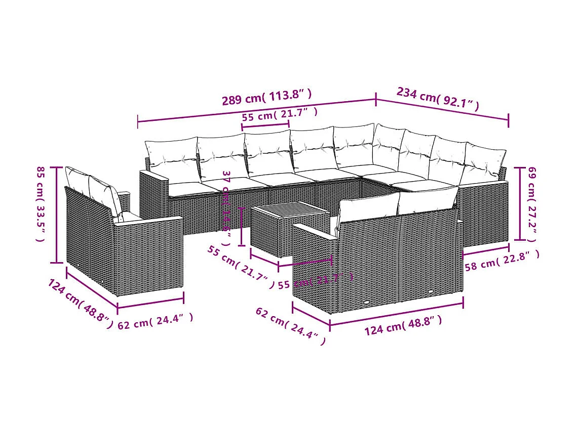 Salon de jardin avec coussins 13 pcs noir résine tressée