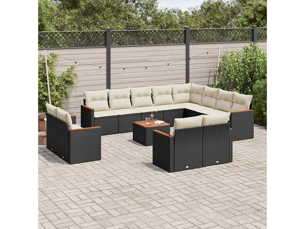 Salon de jardin avec coussins 13 pcs noir résine tressée