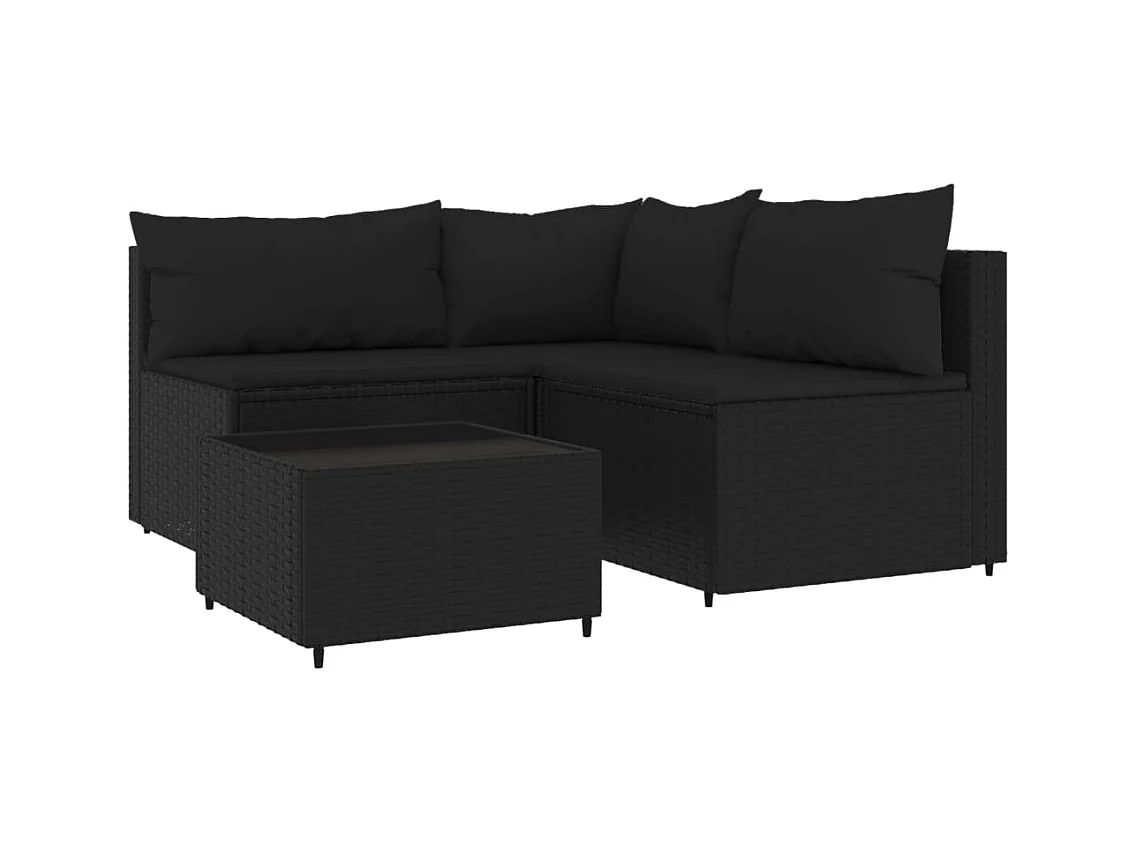 Salon de jardin 4 pcs avec coussins Noir Résine tressée