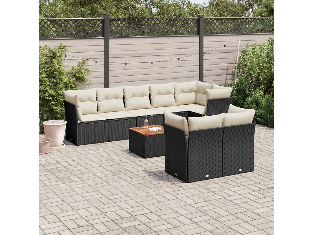 Salon de jardin 9 pcs avec coussins noir résine tressée
