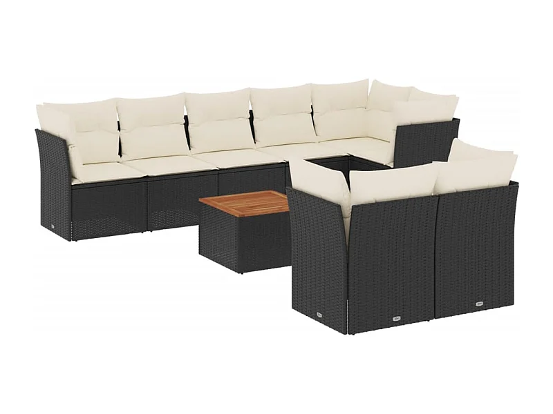 Salon de jardin 9 pcs avec coussins noir résine tressée