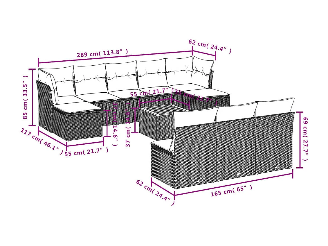 Salon de jardin 11 pcs avec coussins gris résine tressée