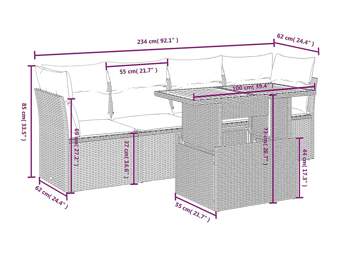 Salon de jardin 5 pcs avec coussins noir résine tressée
