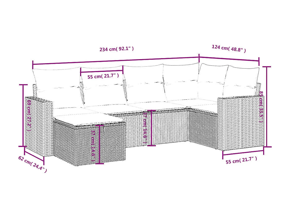Salon de jardin avec coussins 6 pcs marron résine tressée