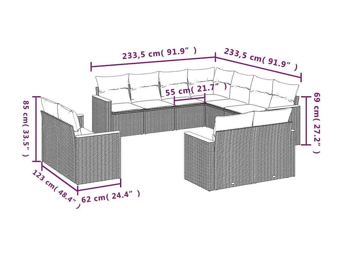 Salon de jardin 11 pcs avec coussins beige résine tressée