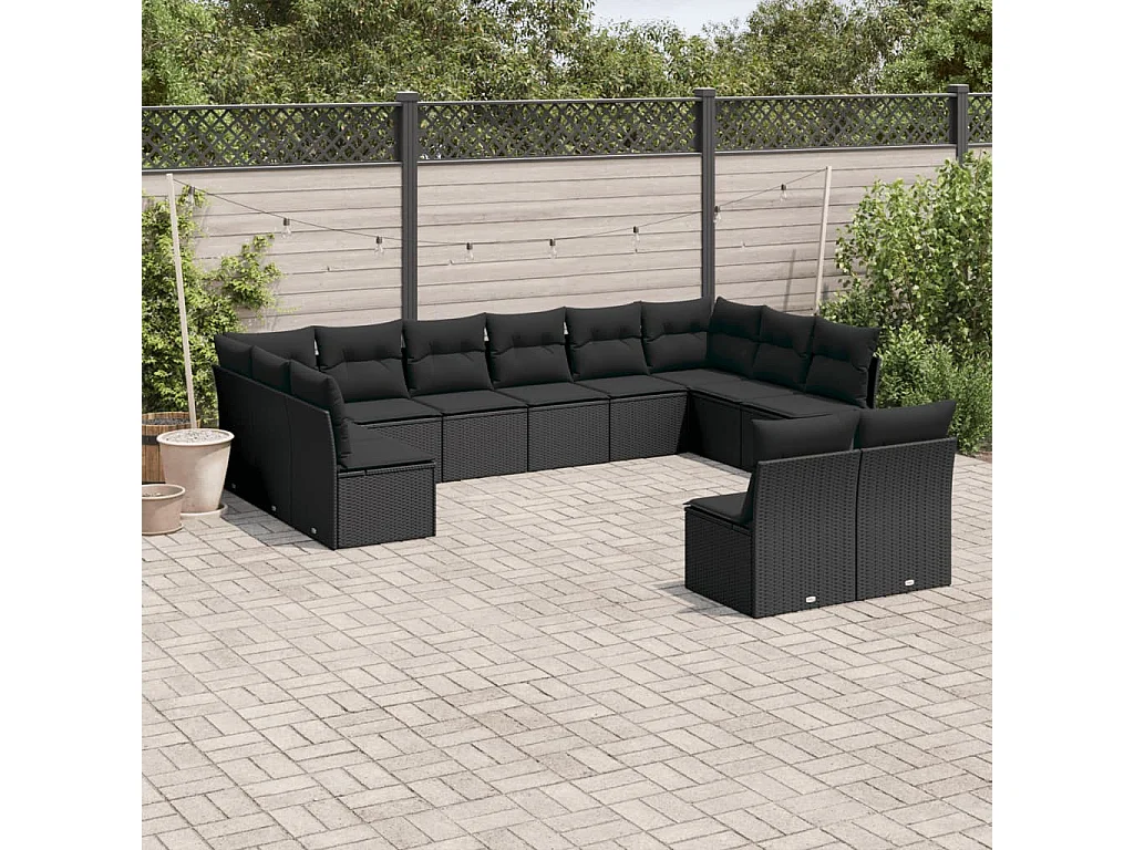 Salon de jardin 12 pcs avec coussins noir résine tressée