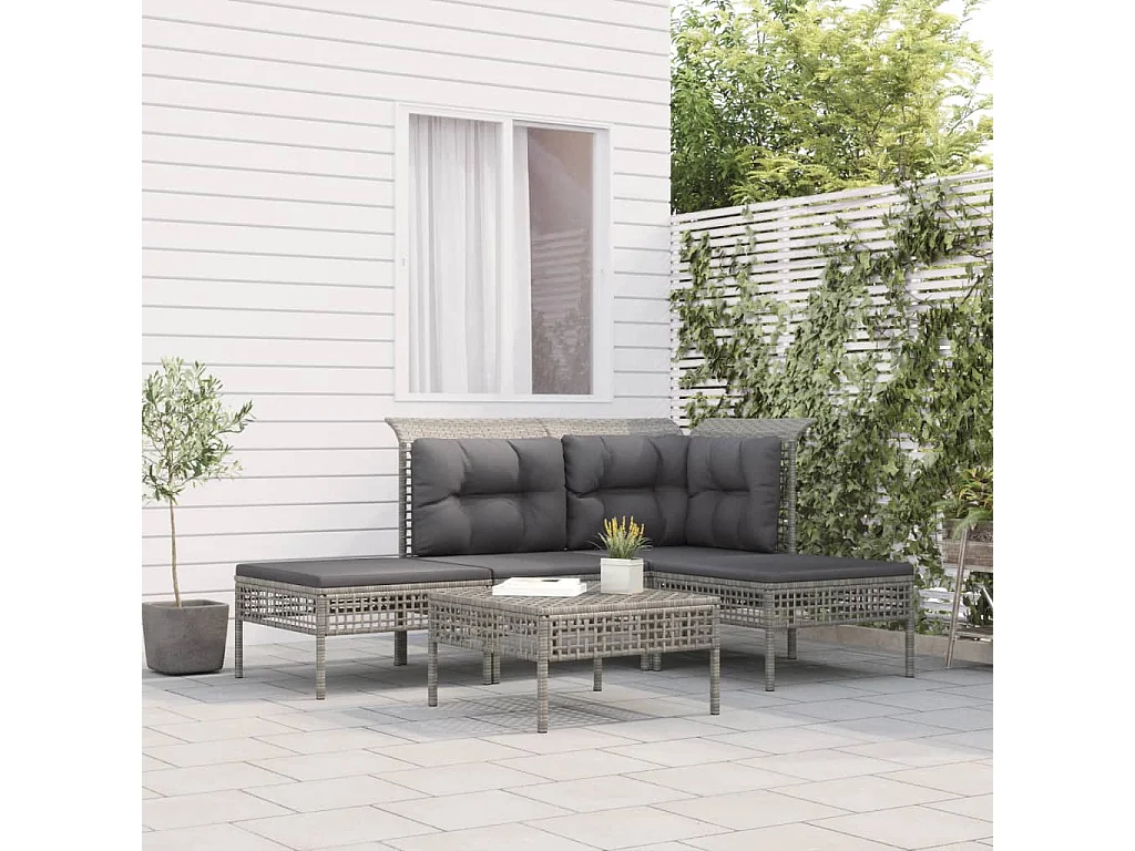 Salon de jardin 5 pcs avec coussins Gris Résine tressée