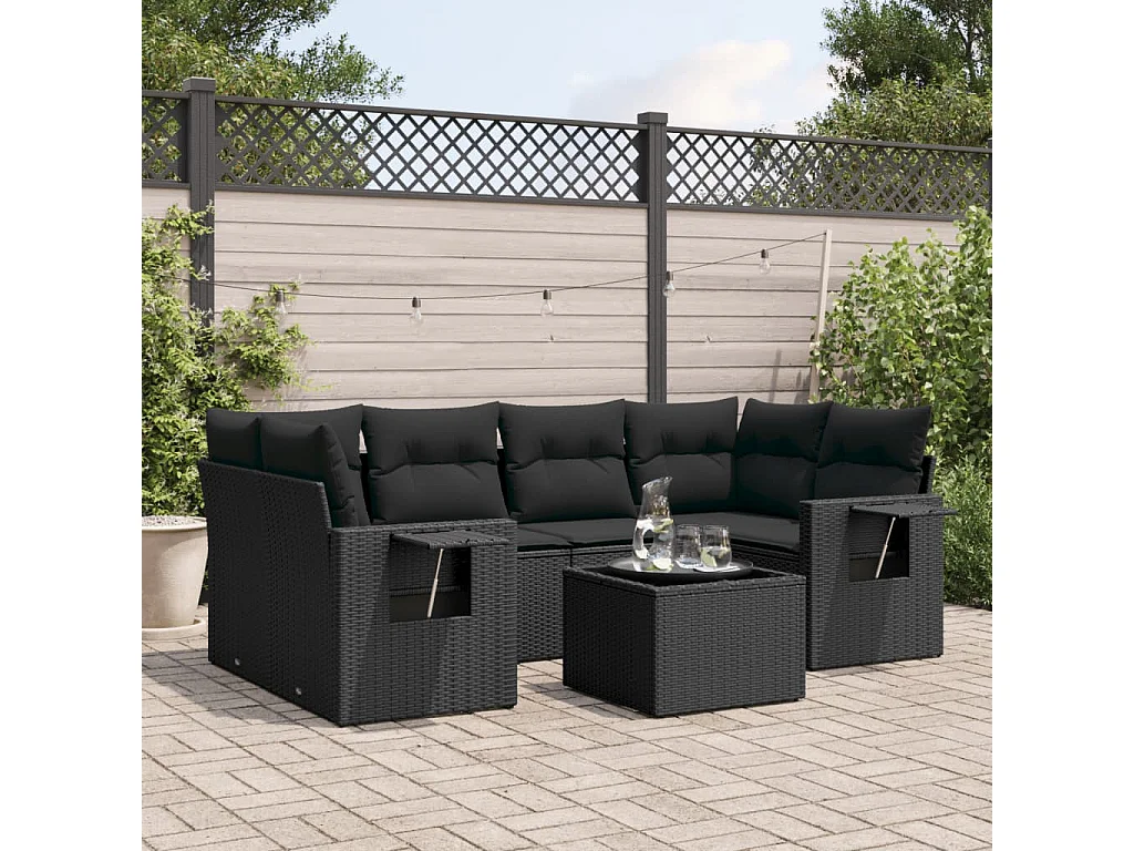Salon de jardin 7 pcs avec coussins noir résine tressée