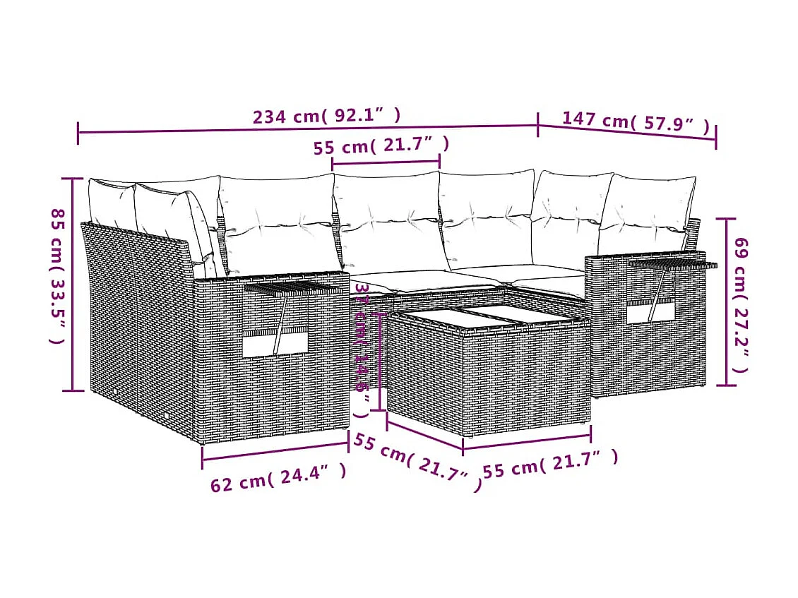 Salon de jardin 7 pcs avec coussins noir résine tressée