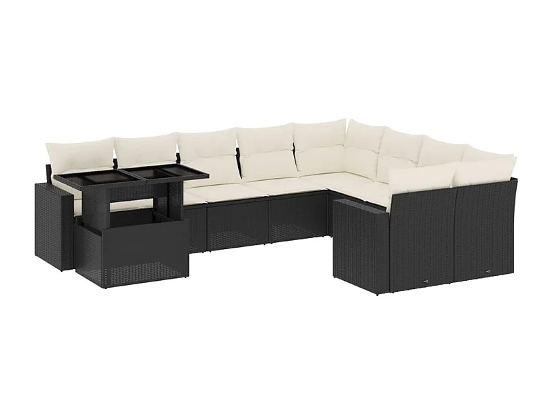 Salon de jardin 10 pcs avec coussins noir résine tressée