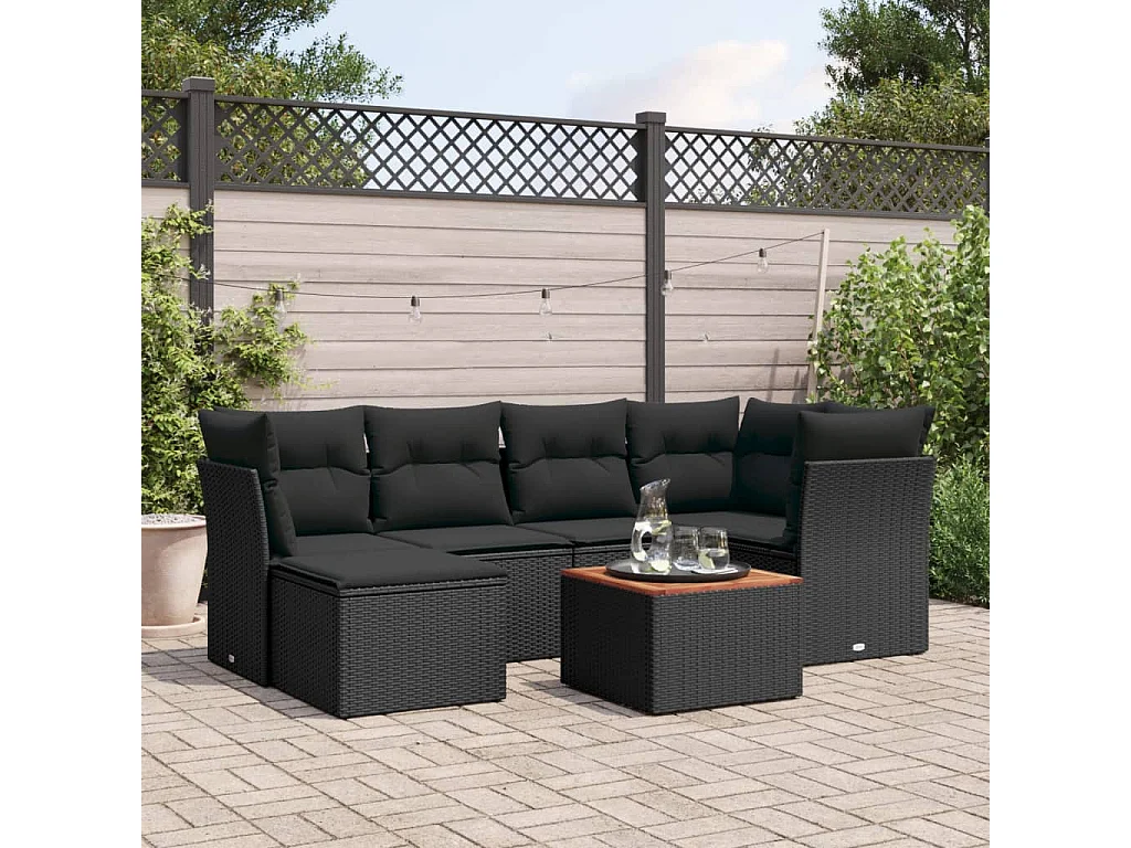 Salon de jardin 7 pcs avec coussins noir résine tressée