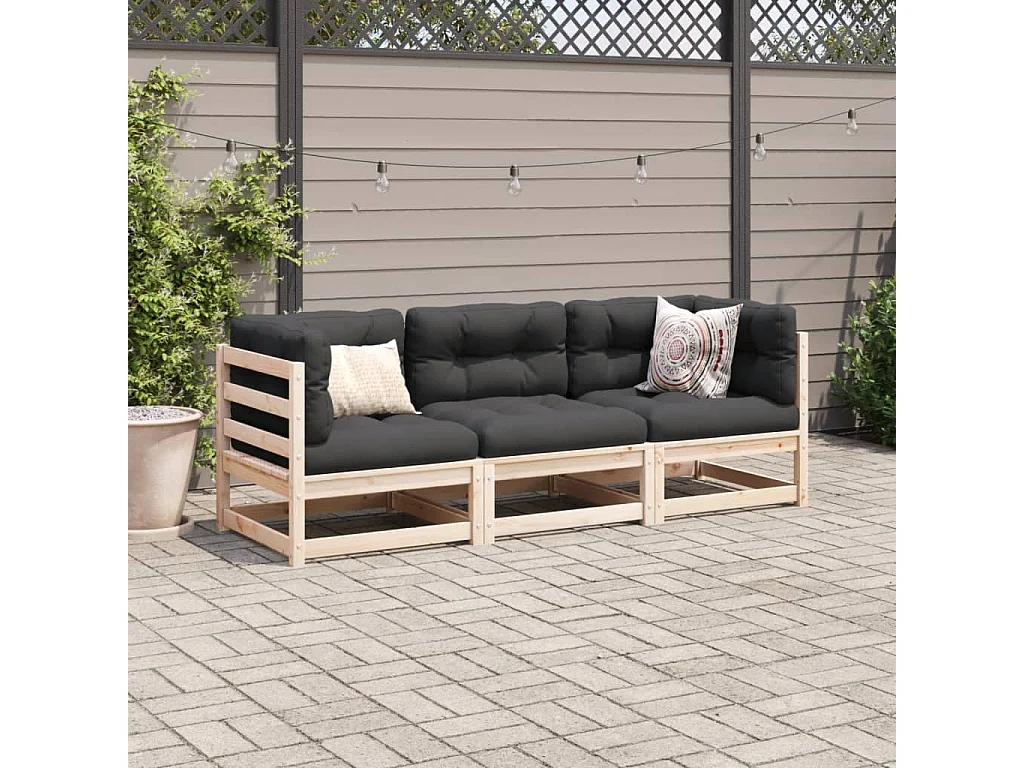 Salon de jardin 3 pcs avec coussins bois de pin massif