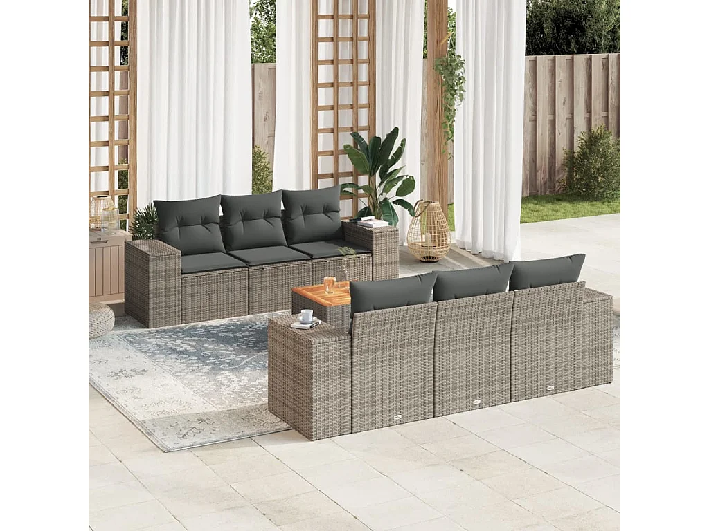 Salon de jardin avec coussins 7 pcs gris résine tressée