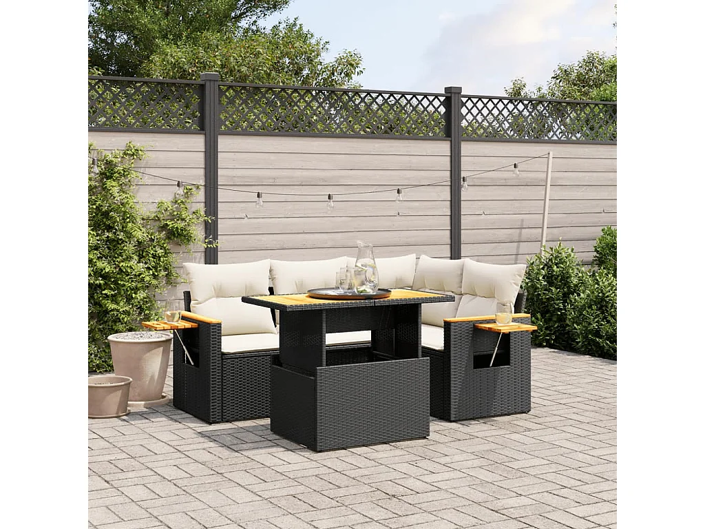 Salon de jardin 5 pcs avec coussins noir résine tressée