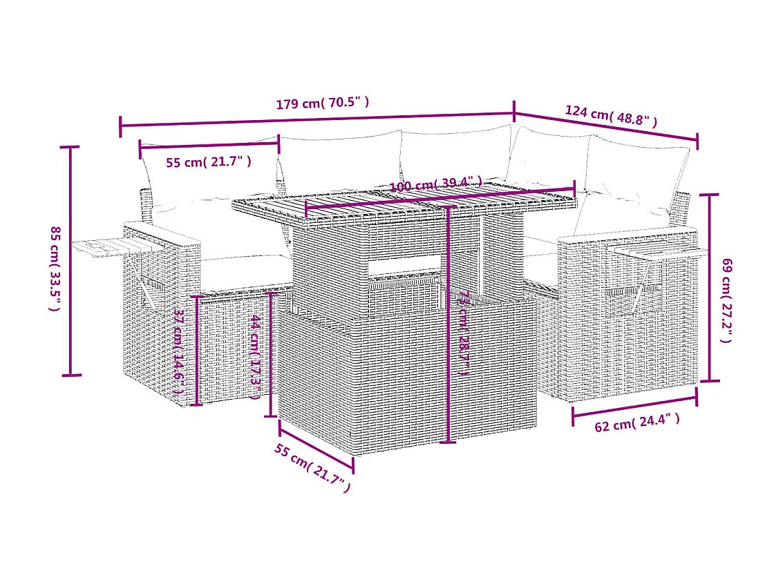 Salon de jardin 5 pcs avec coussins noir résine tressée