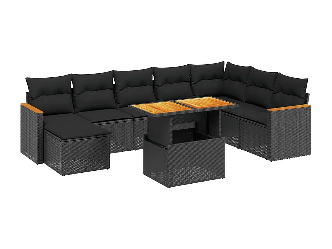 Salon de jardin 9 pcs avec coussins noir résine tressée