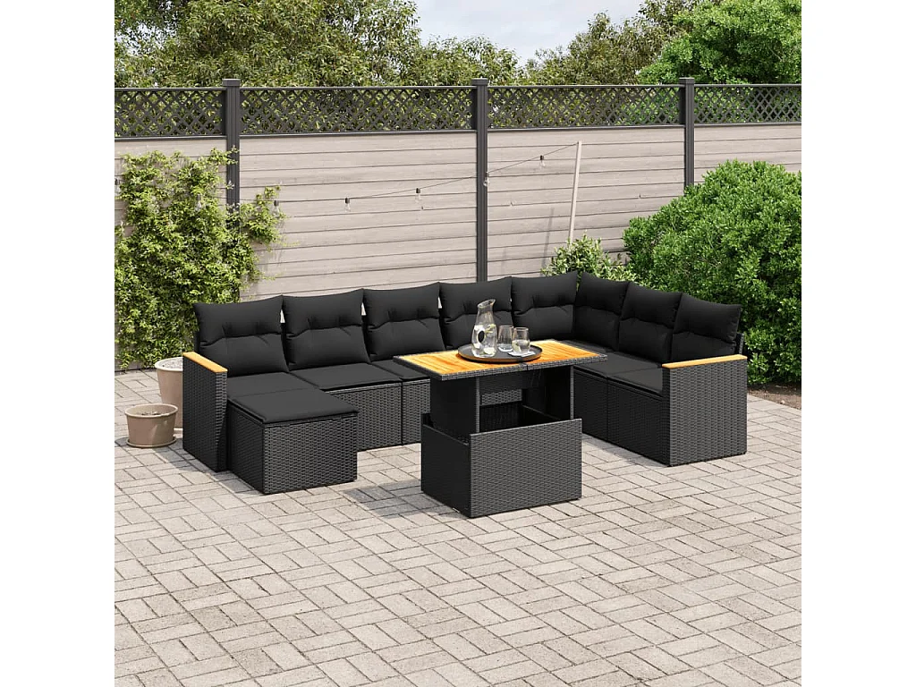 Salon de jardin 9 pcs avec coussins noir résine tressée