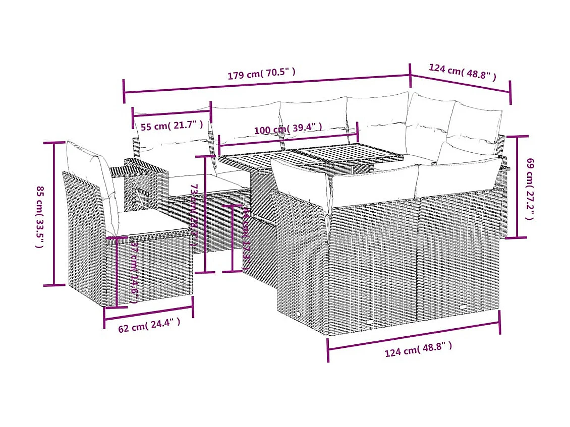 Salon de jardin 9 pcs avec coussins noir résine tressée