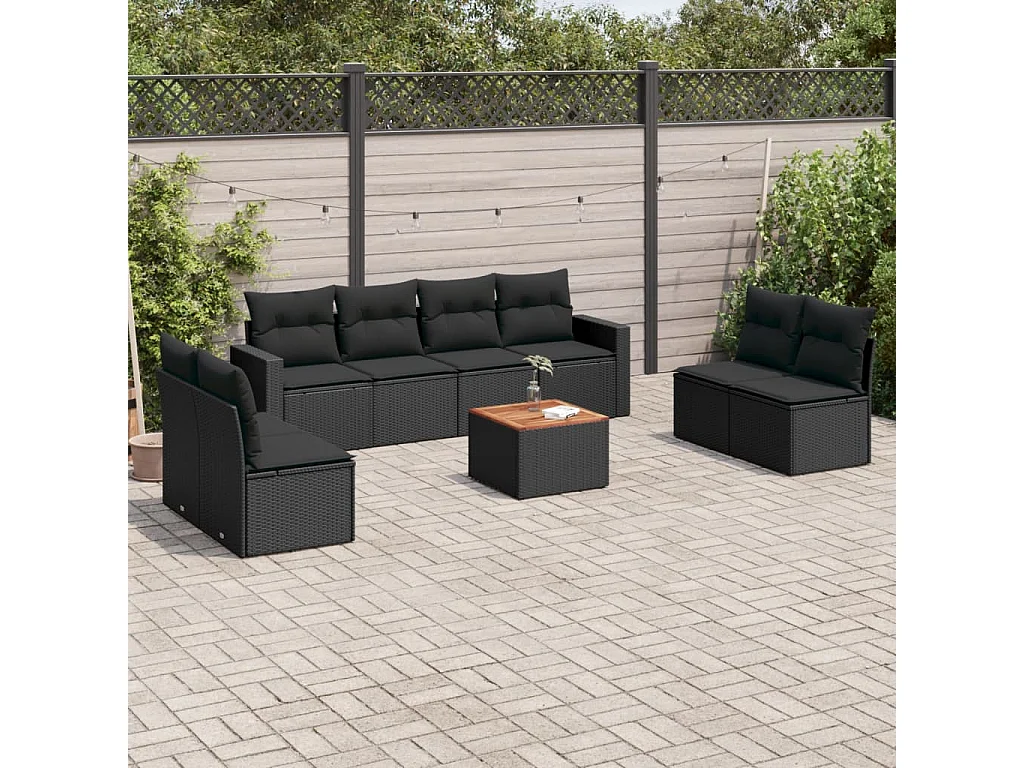 Salon de jardin 9 pcs avec coussins noir résine tressée