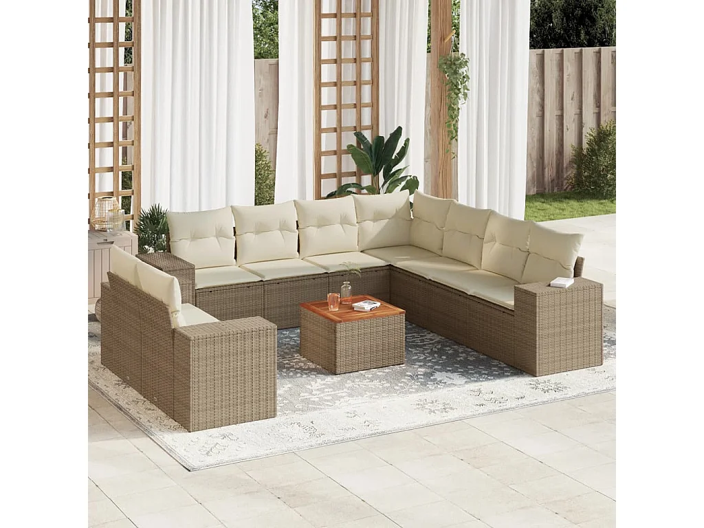 Salon de jardin avec coussins 10 pcs beige résine tressée