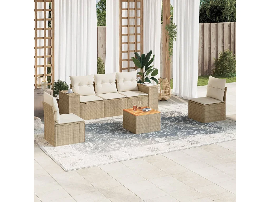 Salon de jardin avec coussins 6 pcs beige résine tressée