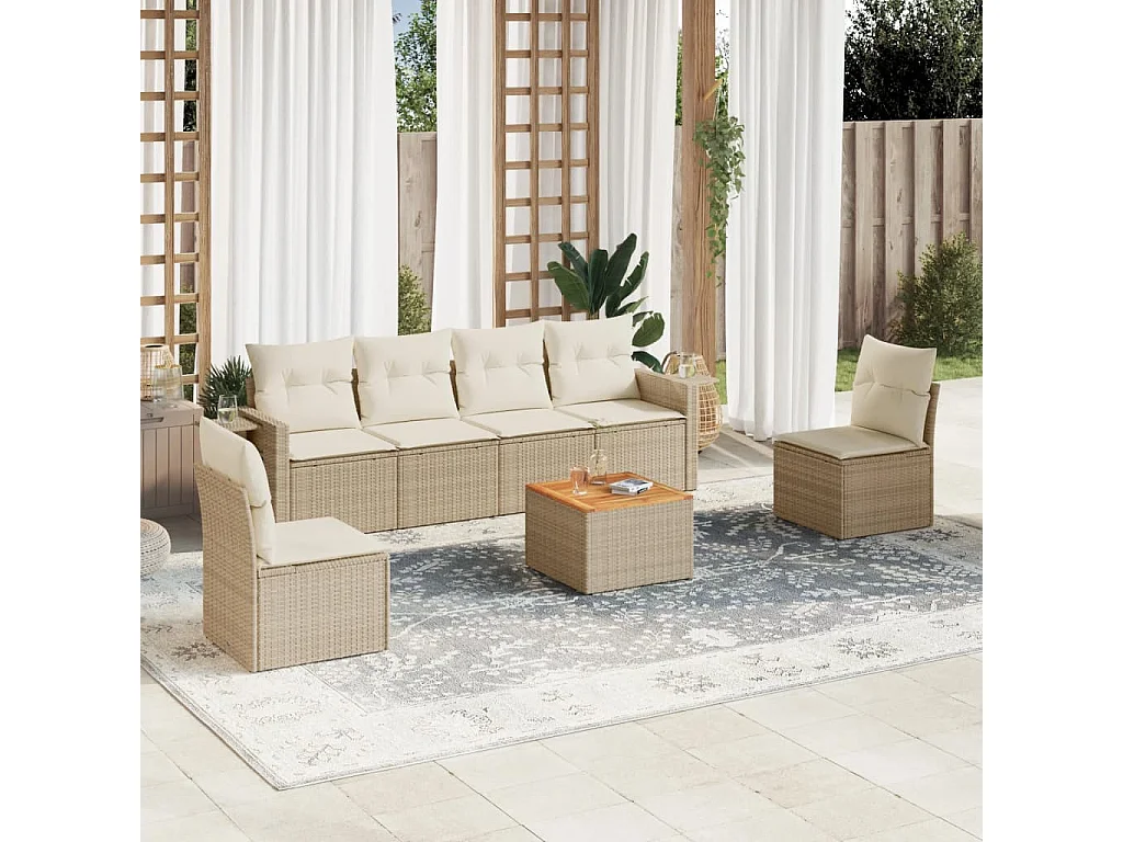Salon de jardin avec coussins 7 pcs beige résine tressée