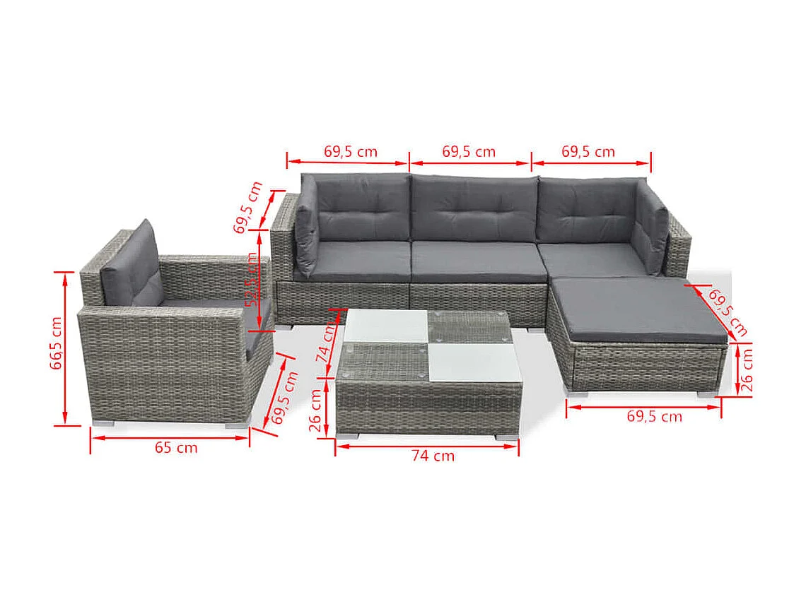 Salon de jardin avec coussins 6 pcs résine tressée gris