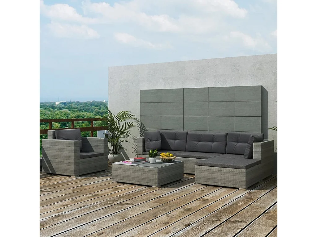 Salon de jardin avec coussins 6 pcs résine tressée gris