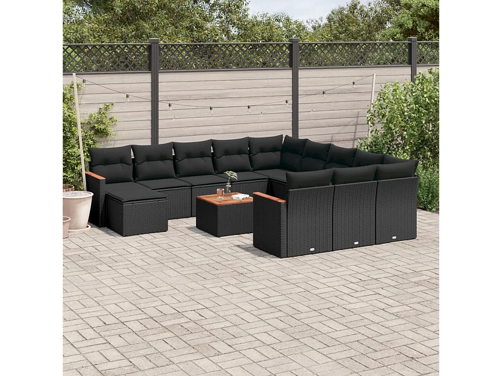 Salon de jardin avec coussins 13 pcs noir résine tressée