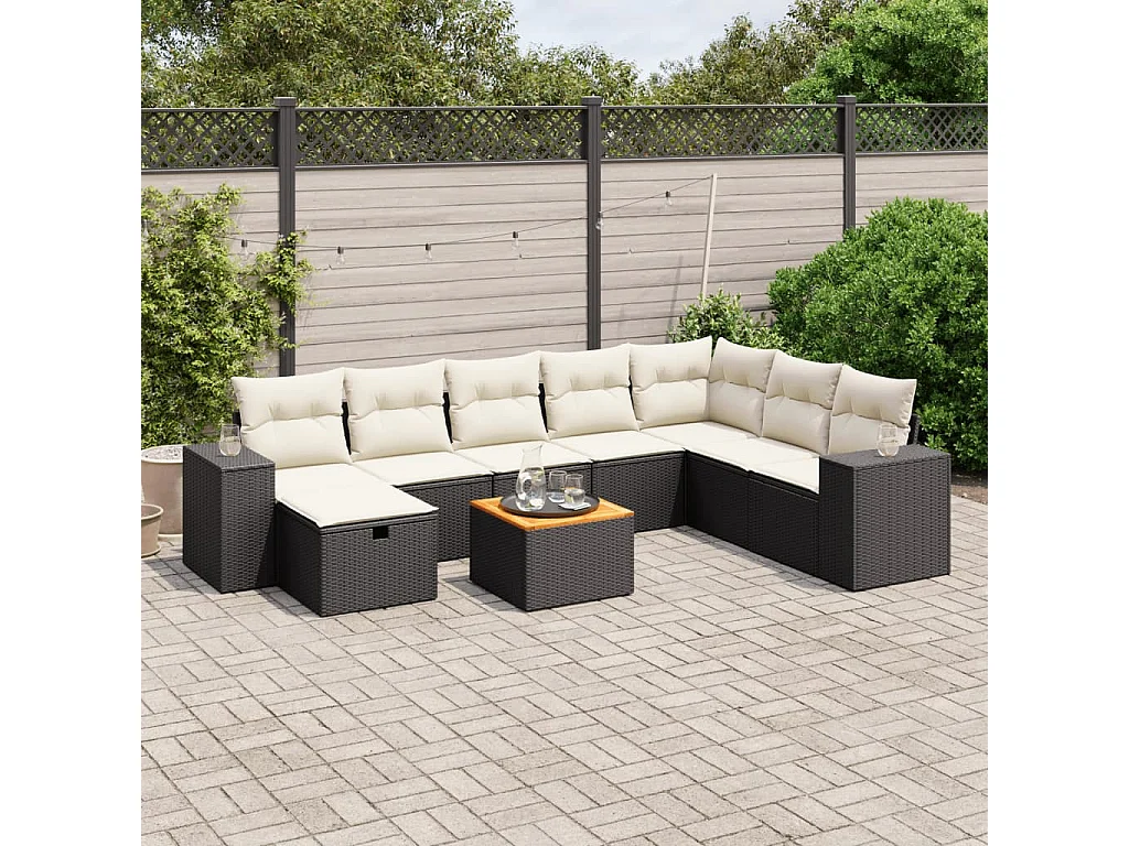 Salon de jardin 9 pcs avec coussins noir résine tressée