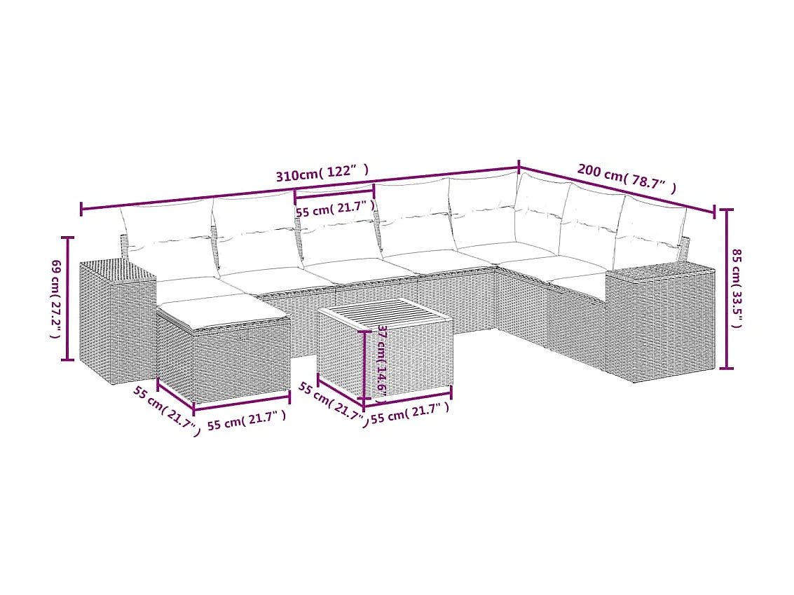 Salon de jardin 9 pcs avec coussins noir résine tressée