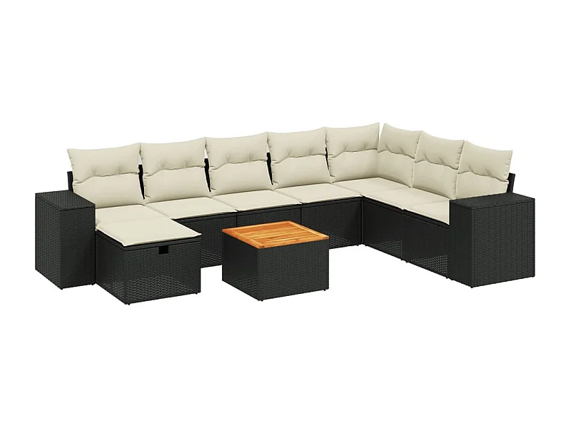Salon de jardin 9 pcs avec coussins noir résine tressée