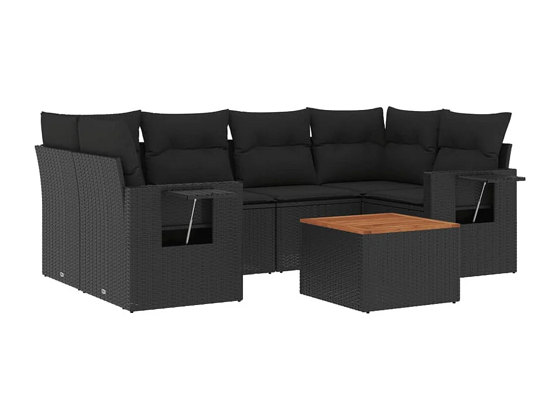 Salon de jardin 7 pcs avec coussins noir résine tressée