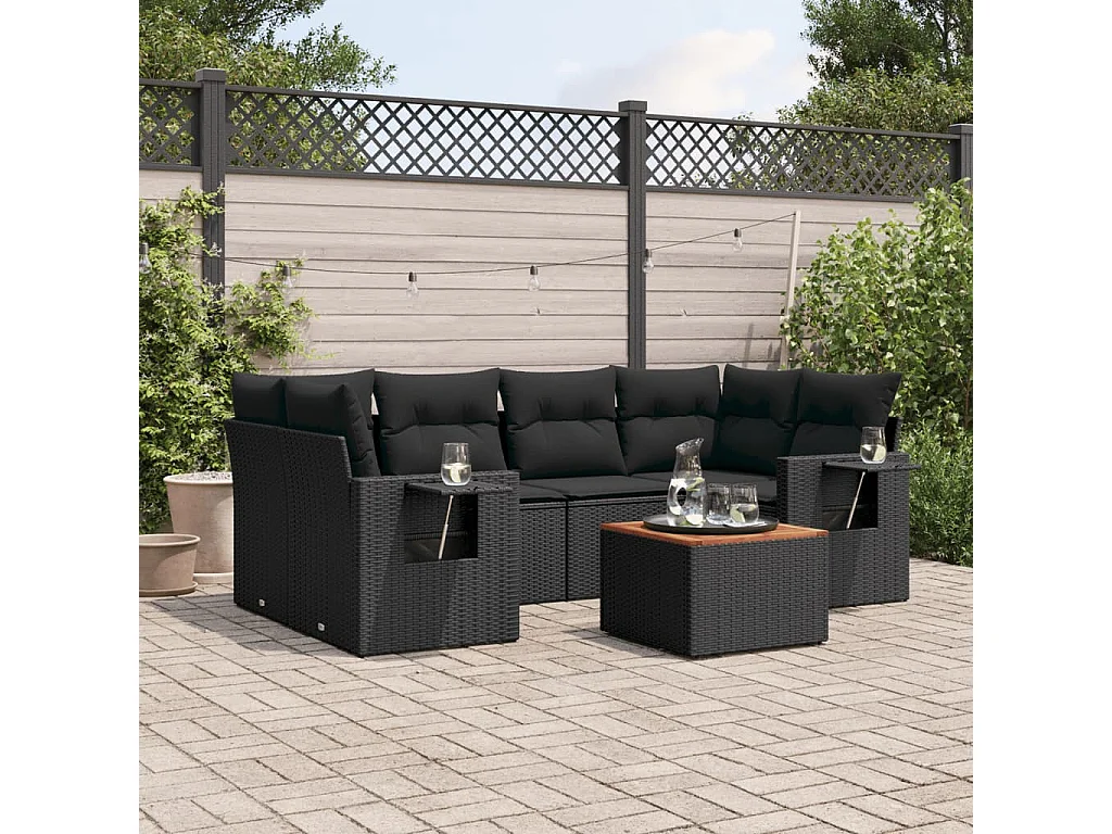 Salon de jardin 7 pcs avec coussins noir résine tressée