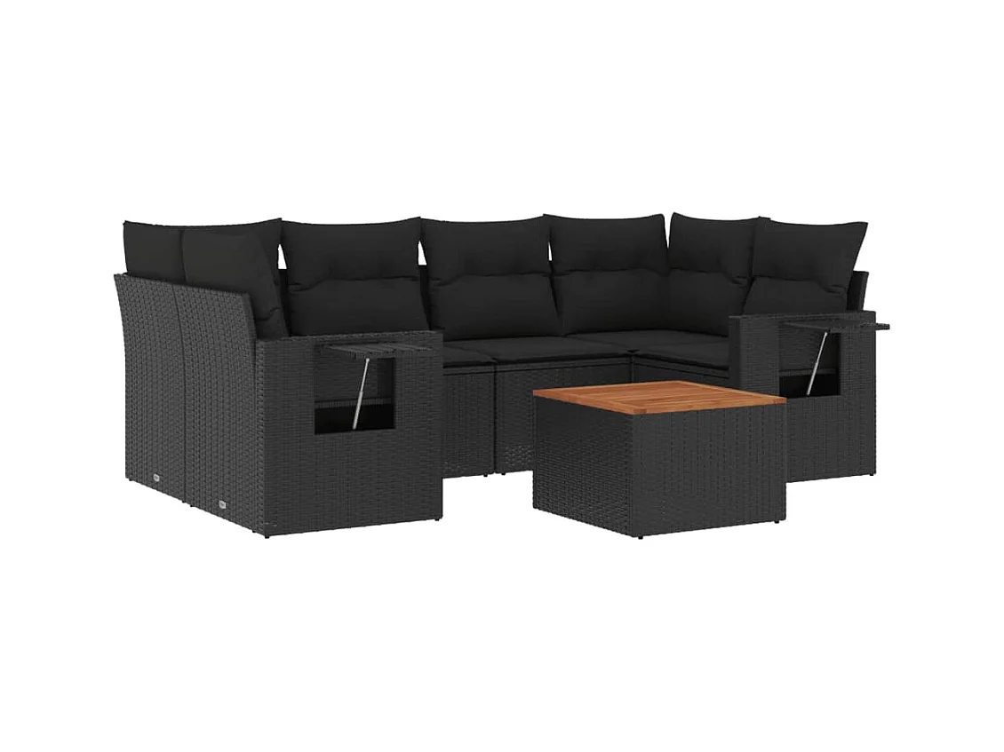 Salon de jardin 7 pcs avec coussins noir résine tressée