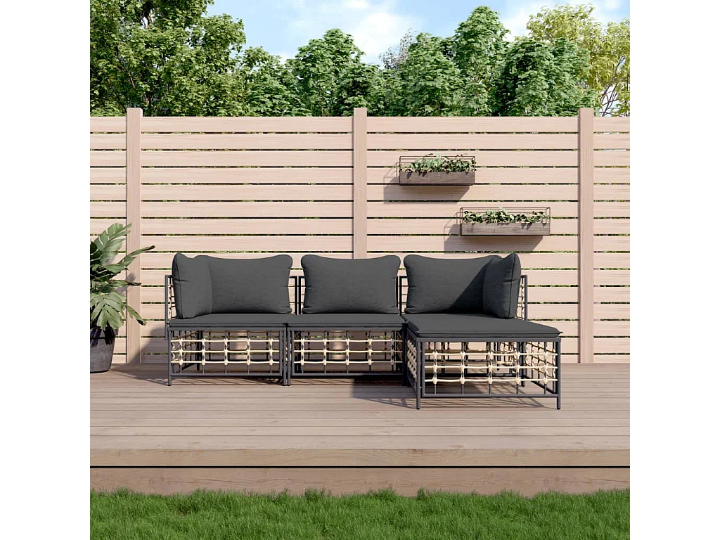 Salon de jardin 4 pcs avec coussins anthracite résine tressée