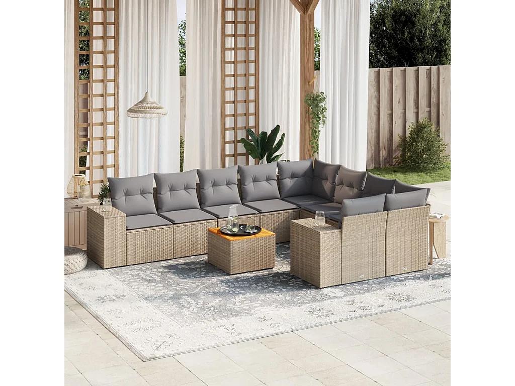 Salon de jardin avec coussins 10 pcs beige résine tressée