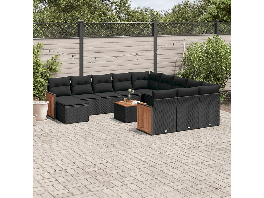 Salon de jardin avec coussins 13 pcs noir résine tressée