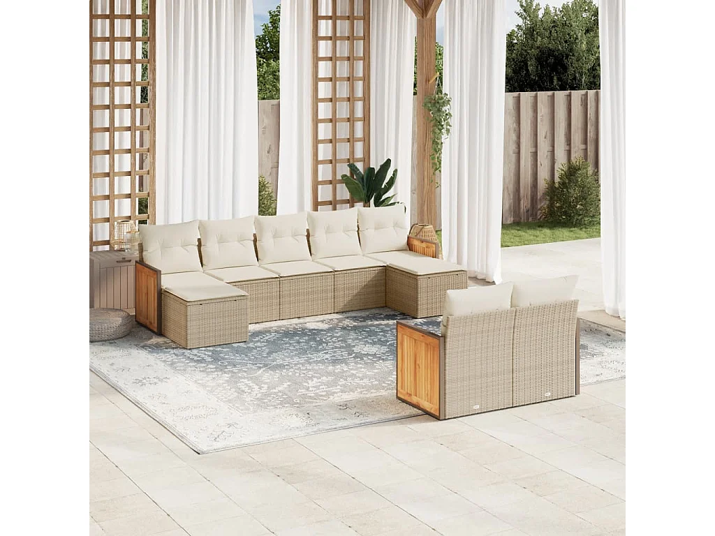Salon de jardin avec coussins 9 pcs beige résine tressée