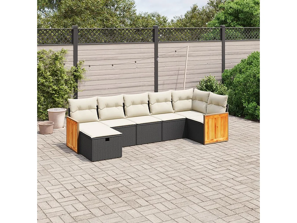 Salon de jardin 7 pcs avec coussins noir résine tressée