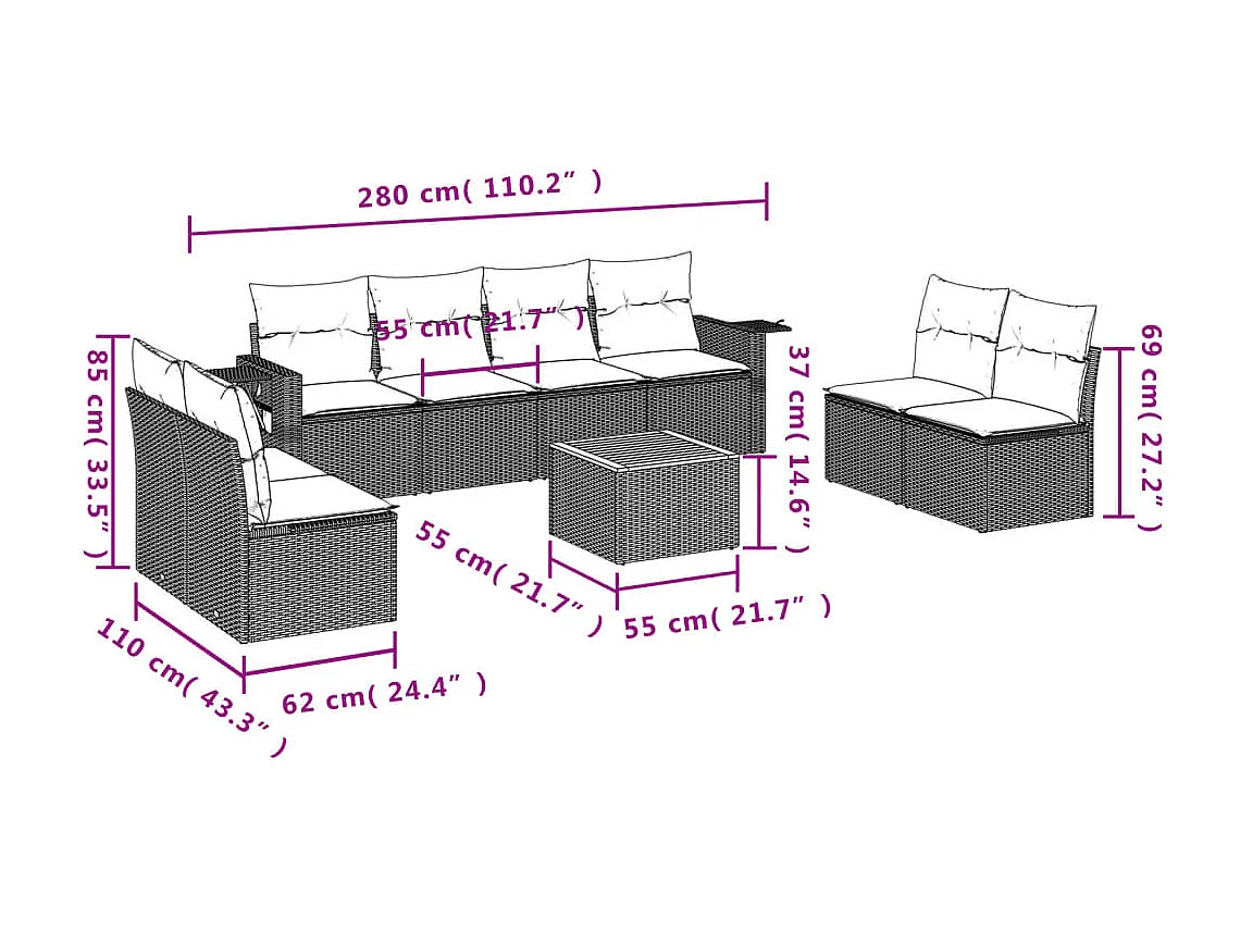 Salon de jardin 9 pcs avec coussins noir résine tressée
