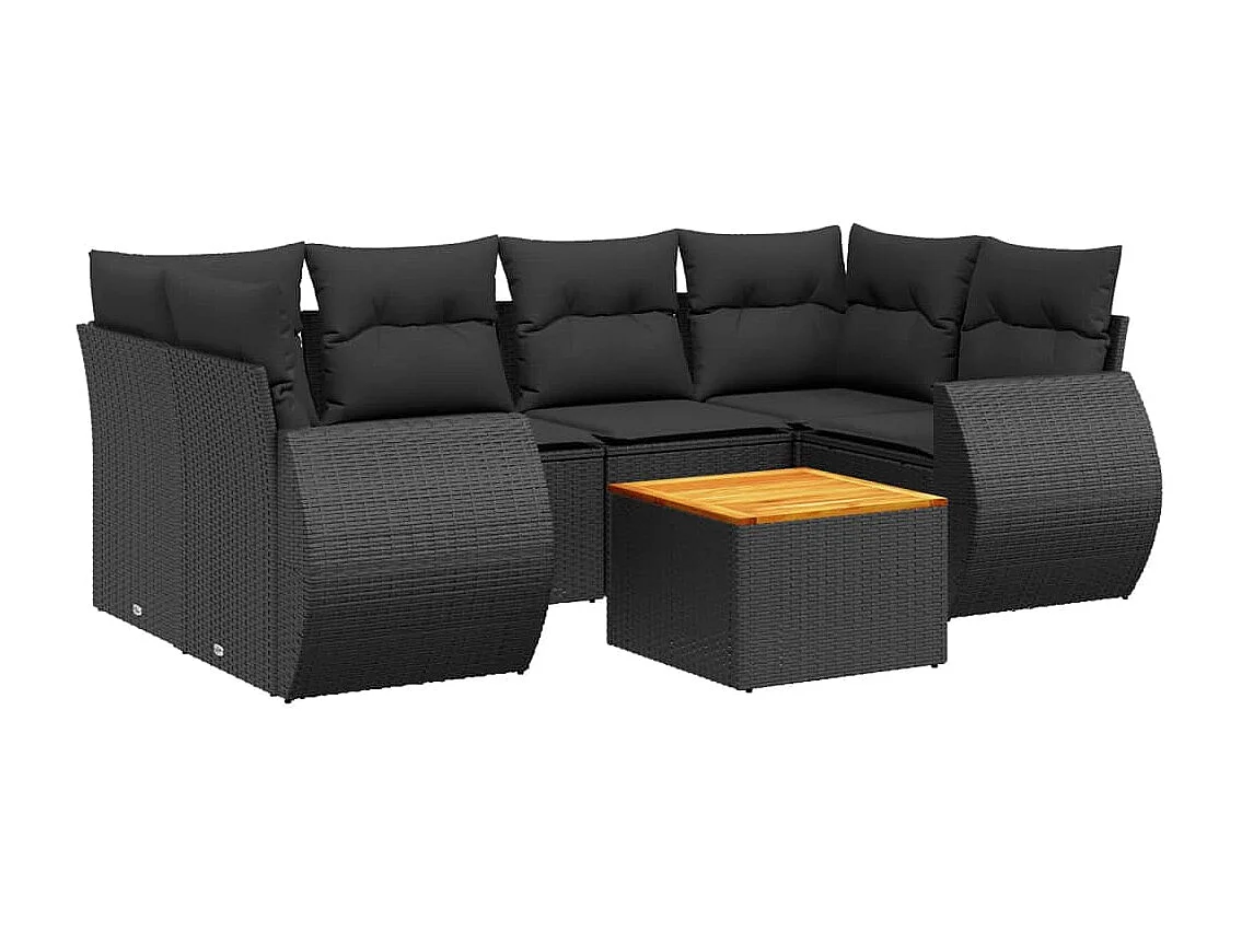 Salon de jardin 7 pcs avec coussins noir résine tressée