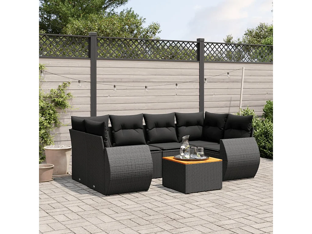 Salon de jardin 7 pcs avec coussins noir résine tressée