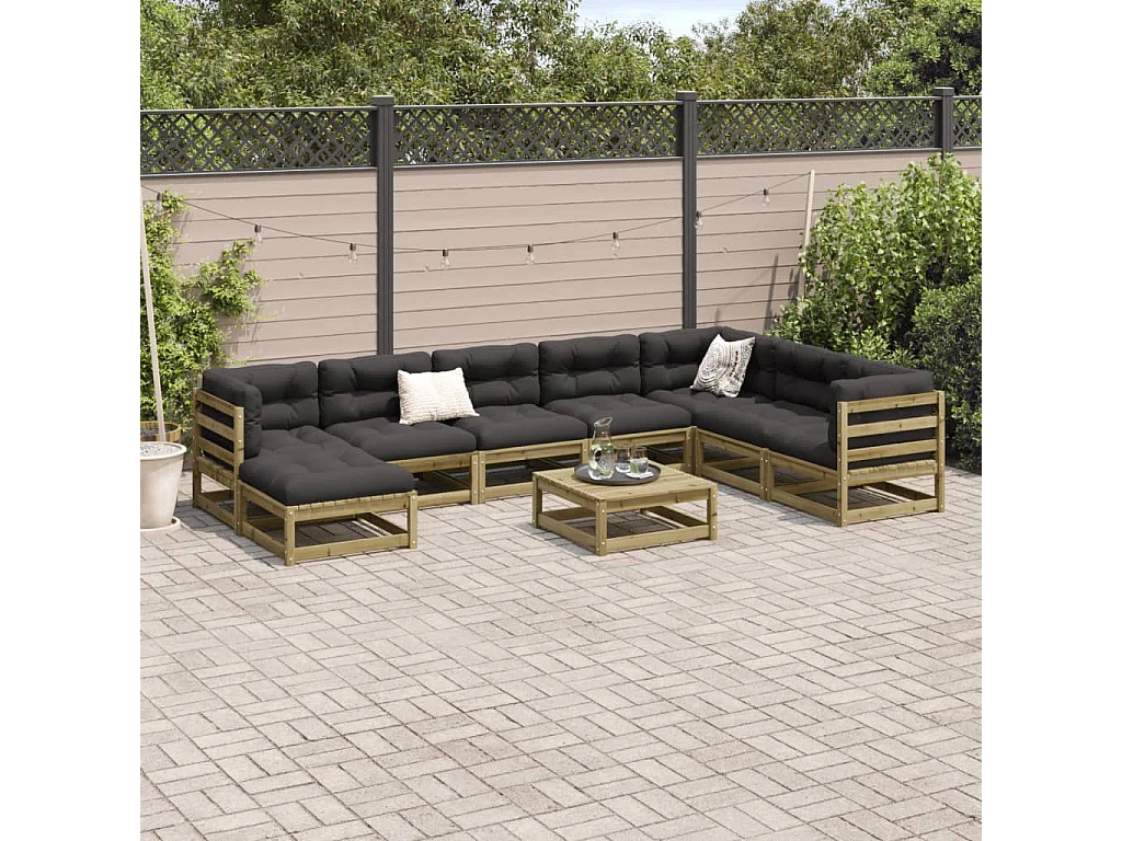 Salon de jardin 9 pcs avec coussins bois de pin imprégné