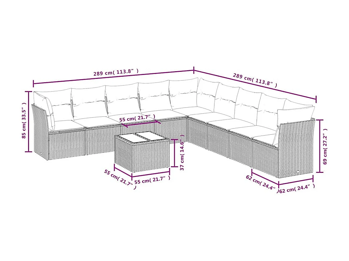 Salon de jardin avec coussins 10 pcs gris résine tressée