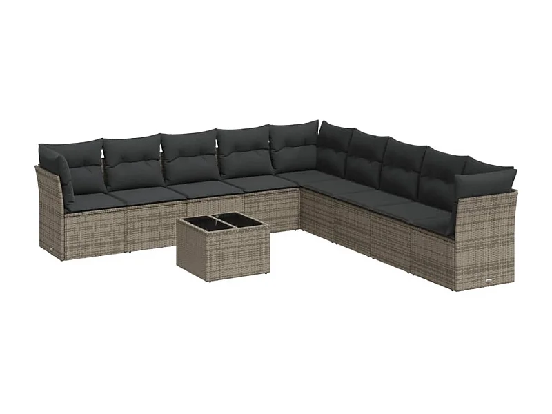 Salon de jardin avec coussins 10 pcs gris résine tressée