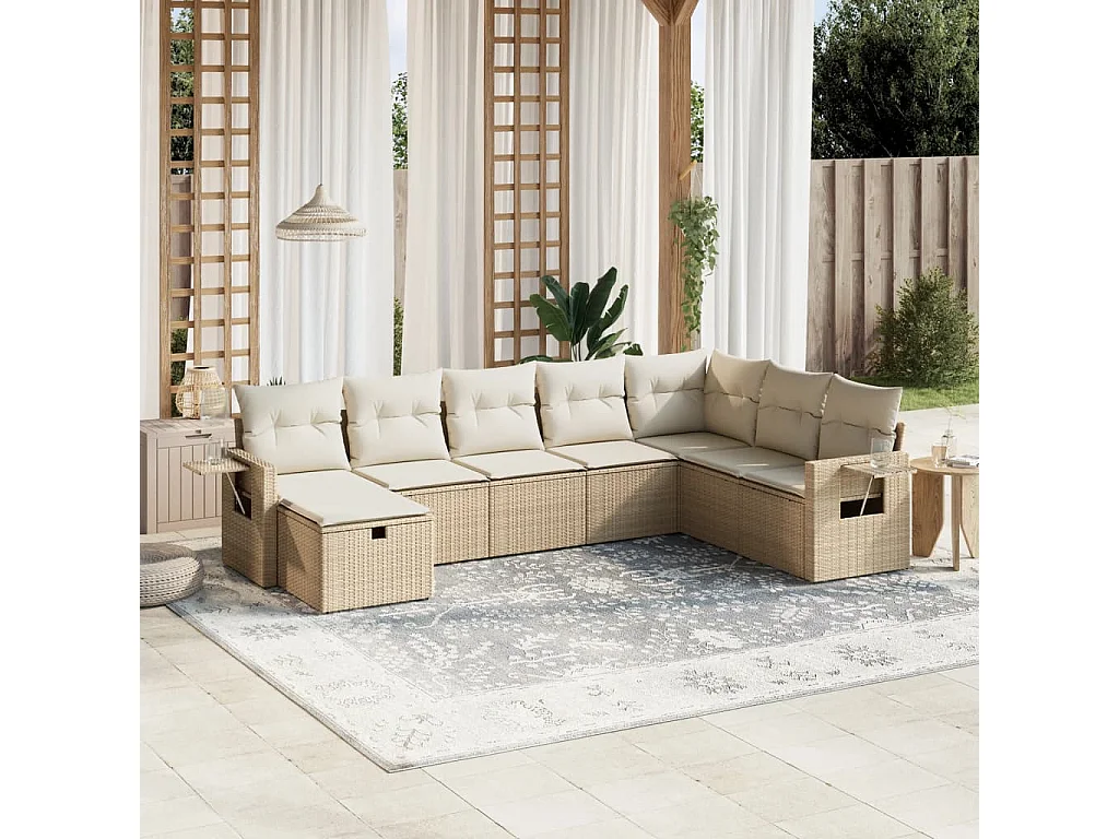 Salon de jardin avec coussins 8 pcs beige résine tressée